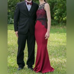 Mermaid Burgundy Floor Length Dress with Black Lace Halter Top